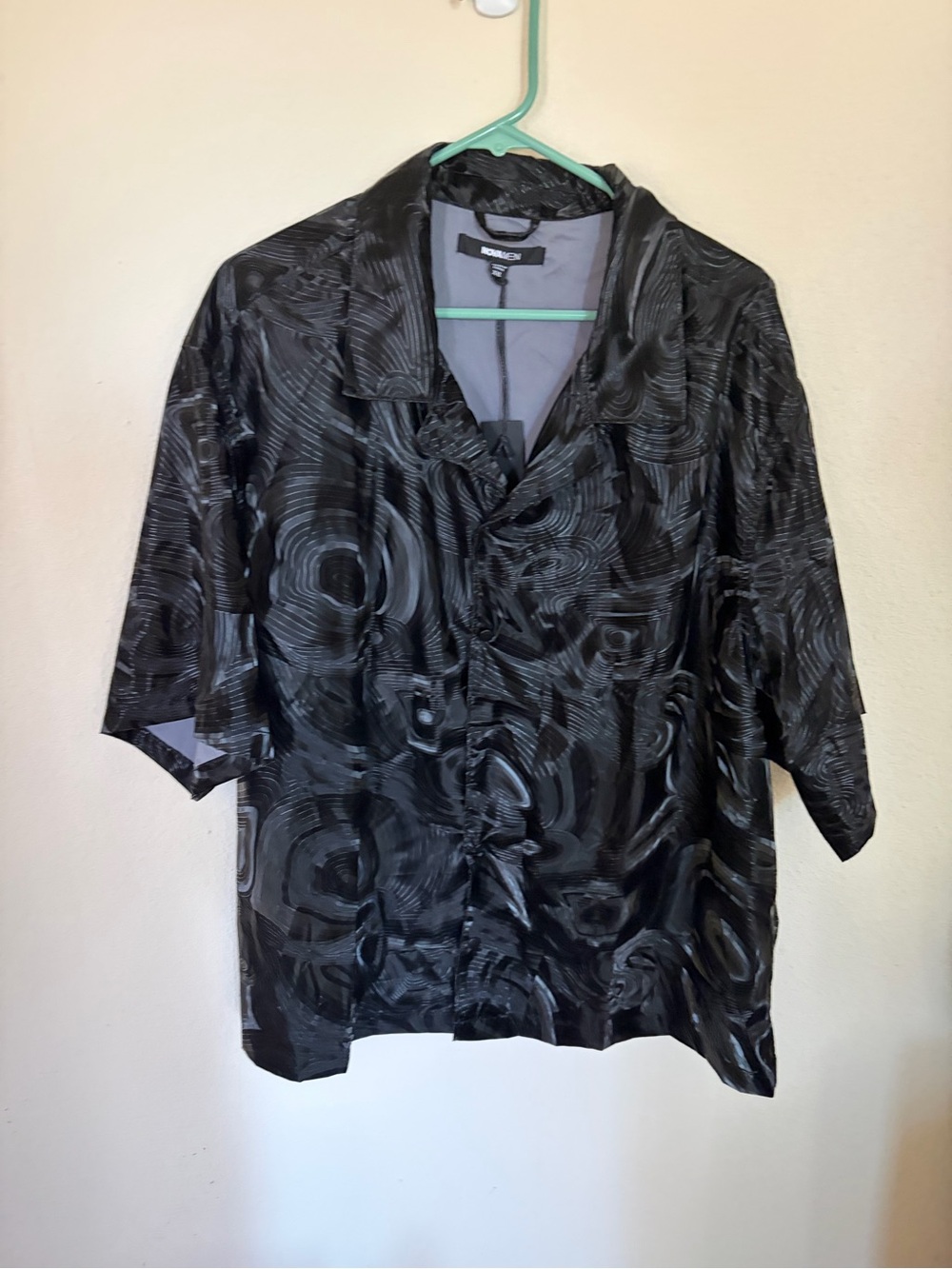NWT Fashion Nova Men Prismatic Shirt Black Silver Swirl Coated Snap Front Sz XXL